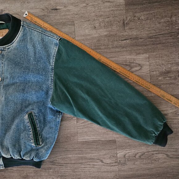 GAP Denim Varsity Jacket Blue Green Quilted Lined 90s Vintage Men’s L - Picture 5 of 9